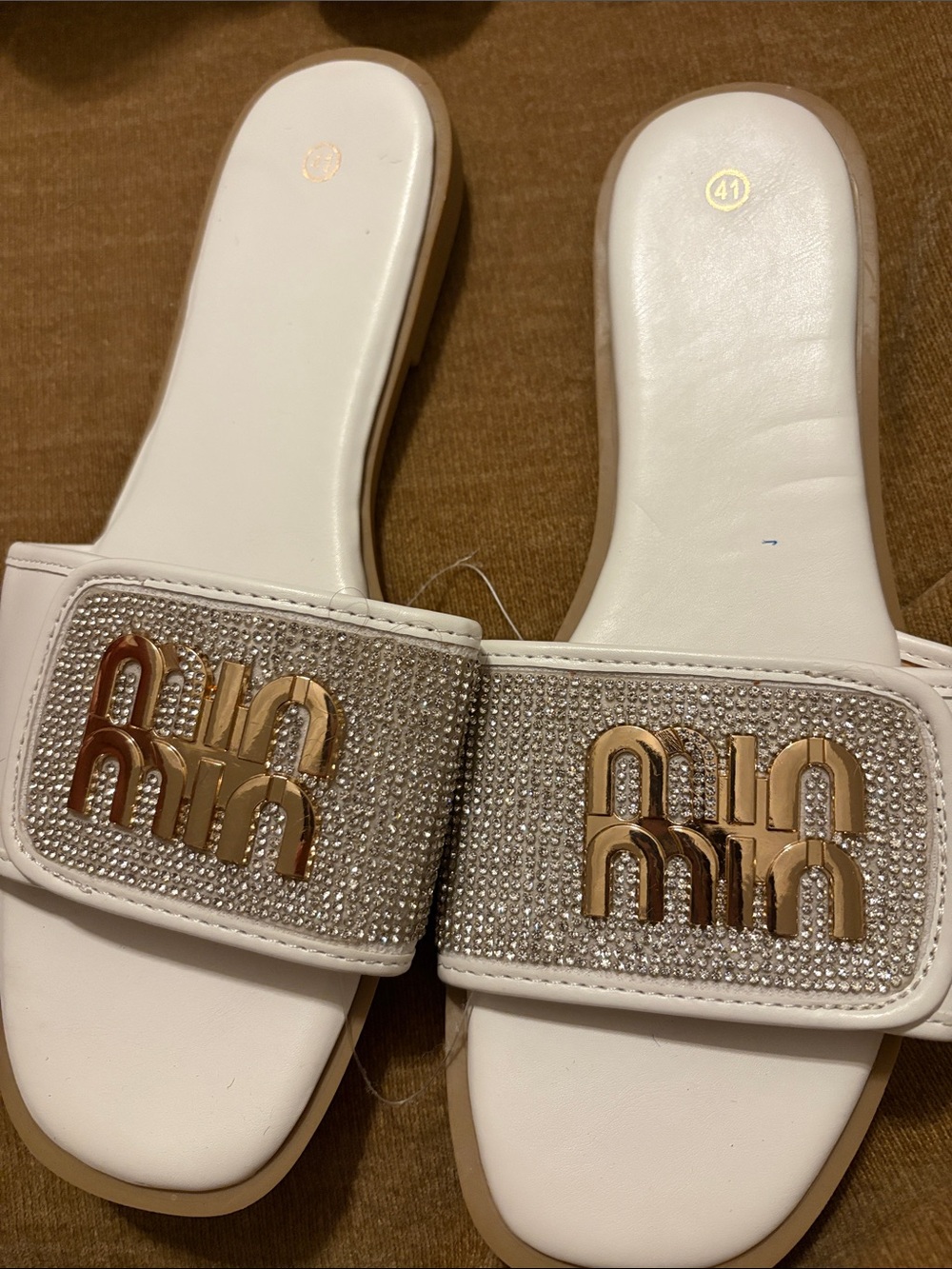 White Slip-On Crystal Slide Sandals with Gold Accent